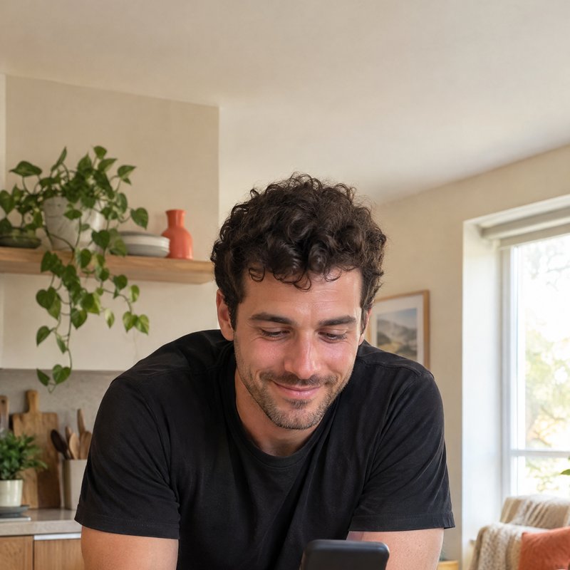 Creator in a kitchen holding a phone